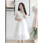 [Mã WASKT304 giảm 15% tối đa 30K đơn 99K] Đầm trắng dự tiệc cổ V lai ren đắp chéo sang chảnh [HÀNG CÓ SẴN]